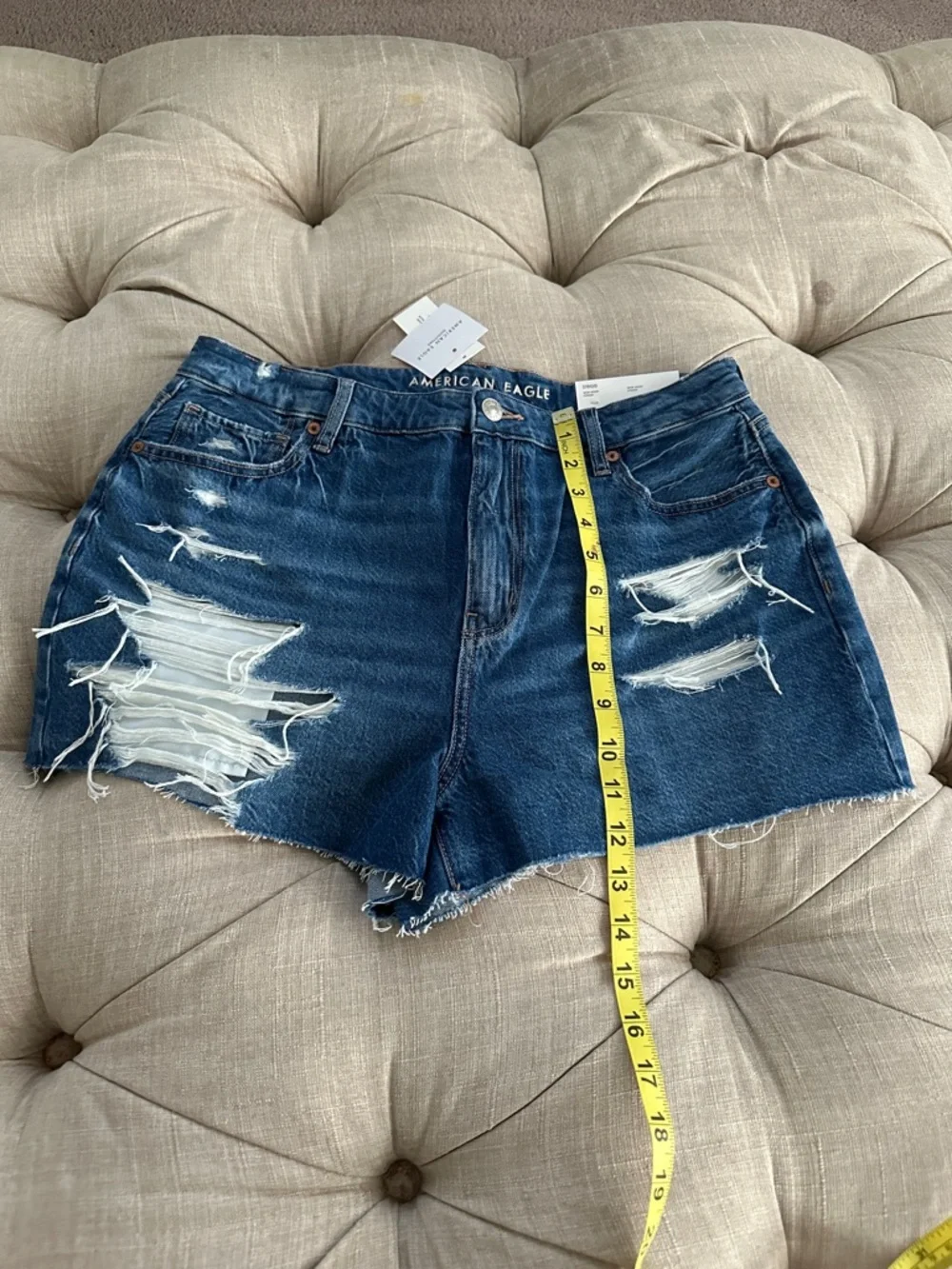 American Eagle Outfitters Dark Blue Distressed High-Rise Denim Shorts